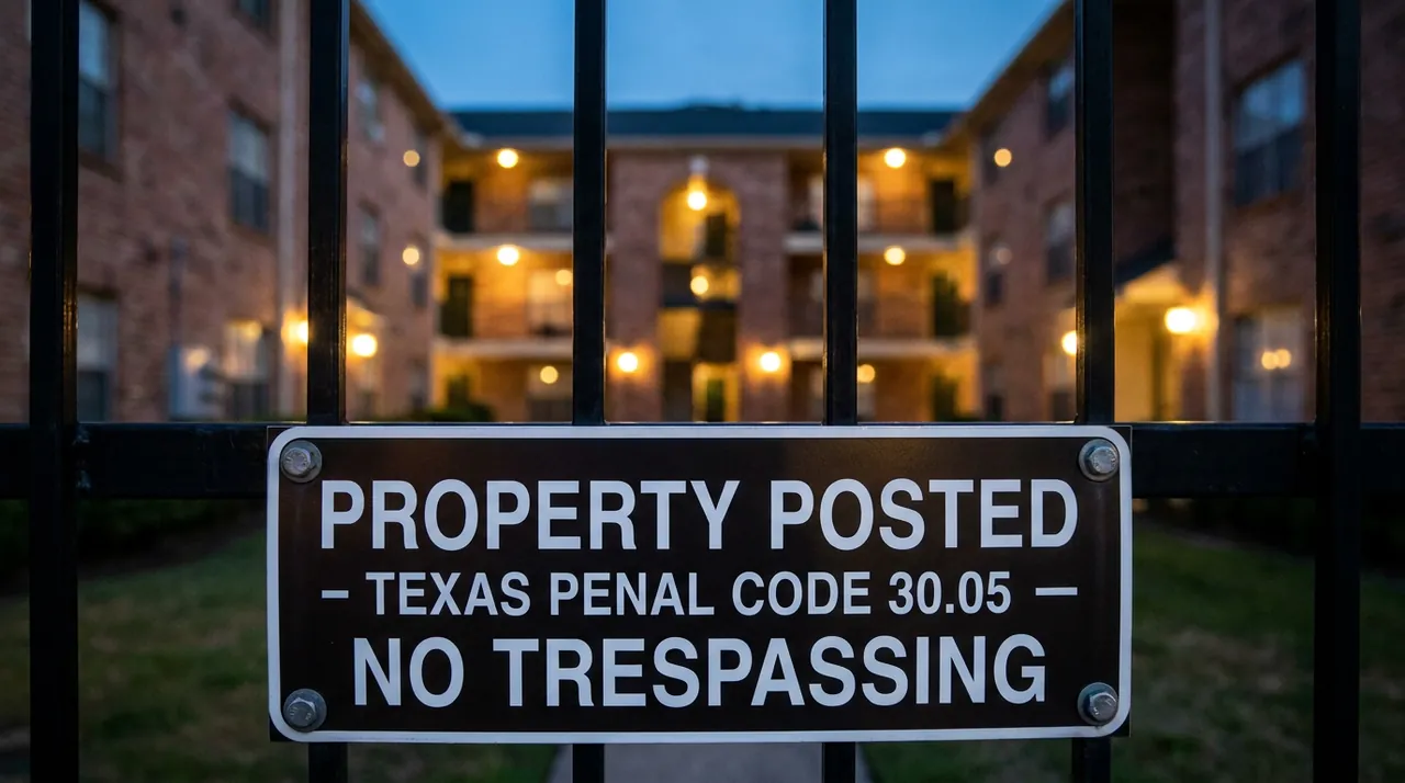 No Trespassing sign citing Texas Penal Code 30.05 mounted on an apartment community fence