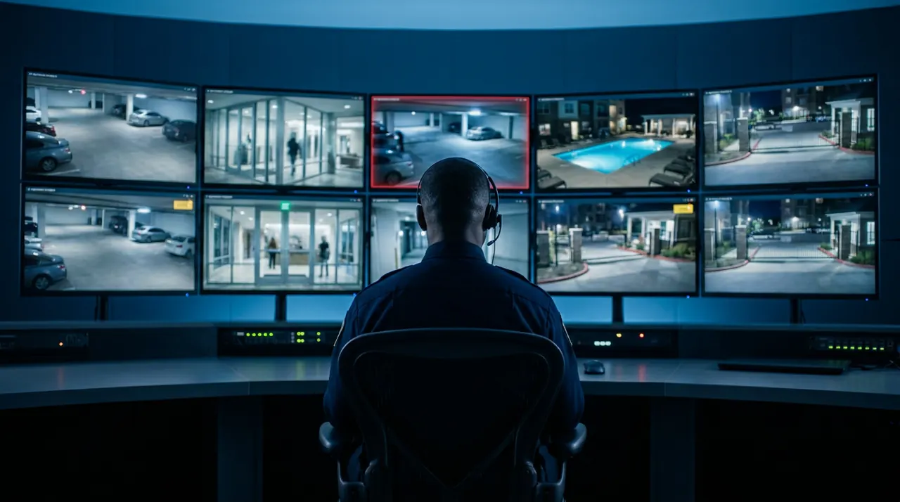 Multi-monitor CCTV operations center with operator watching apartment property camera feeds