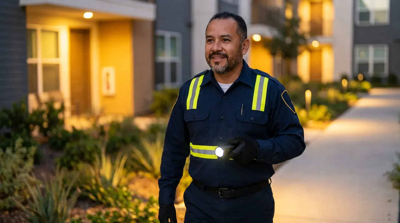 Courtesy patrol officer walking apartment community at night