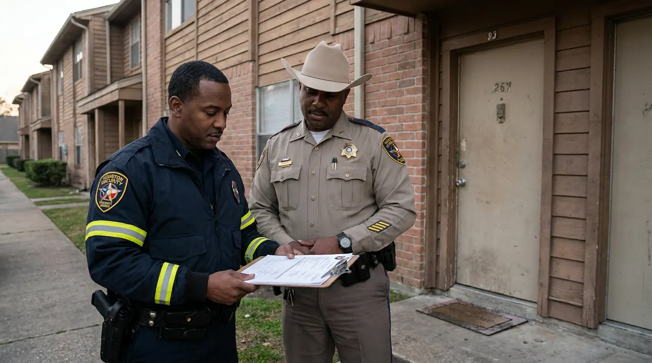 Security officer providing standby presence during apartment lockout and set-out